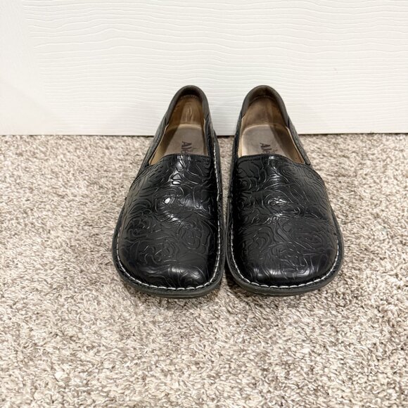 Alegria Black Leather Debra DEB-531 Floral Embossed Rose Slip On Clog Nurse 38 - Picture 3 of 7